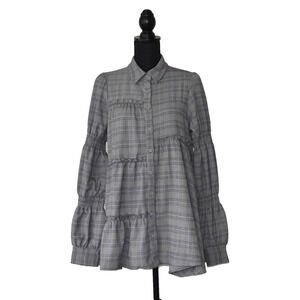 A5 NEW JOUETIE Grey Plaid Ruffle Button Down Shirt Blouse Size M